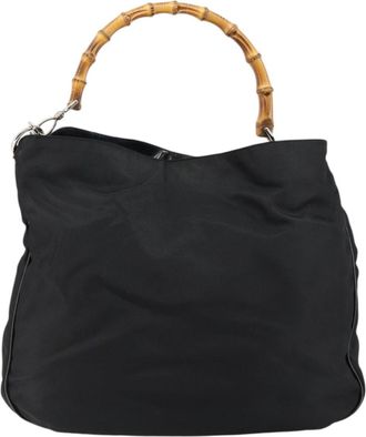Gucci Vintage Bamboo Handle Open Hobo Nylon Black Nylon Handbag (Pre-Owned)