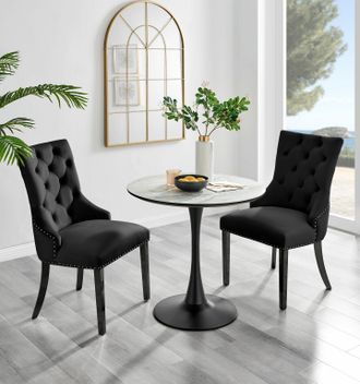 Furniturebox Elina White Marble Effect Scratch Resistant Dining Table & 2 Belgravia Velvet Black Leg Chairs
