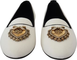 Dolce & Gabbana Womens Gold Devotion Heart Velvet Flat White Cotton Viscose