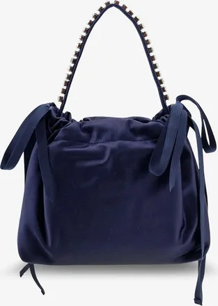 Jimmy Choo London Womens Crossbody Bag Drawstring Mini Satin Blue Bucket