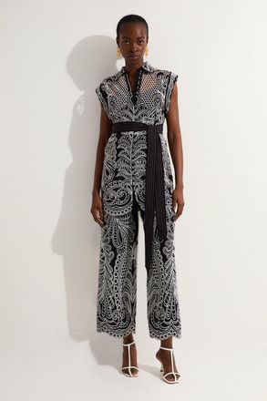 Karen Millen Womens Linen Cutwork Embroidery Woven Trouser - Monochrome Multi Cotton - Size 10 UK