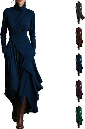 Generic Womens Elegant High-Neck Asymmetrical Maxi Dress, Long Sleeve Stretch Knit Ruffle Asymmetrical Dress (Blue,L)
