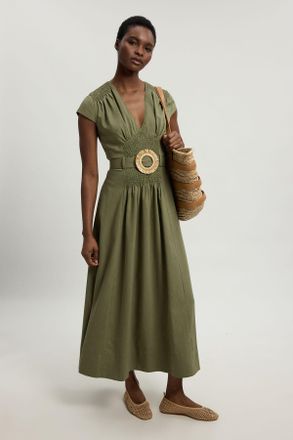 Karen Millen Womens Shirred V Neck Belt Detail Woven Maxi Dress - Khaki Lyocell - Size 18 UK