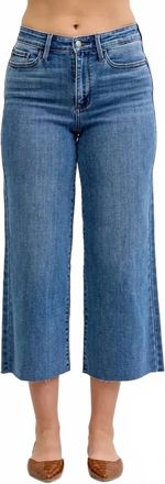 Judy Blue High Waist Classic Raw Hem Crop Wide Leg Denim Jeans In Blue
