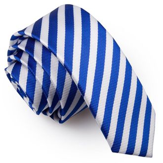 DQT Thin Stripe Fashion Casual Business Party Work Skinny Neck Tie for Men in White and Royal Blue