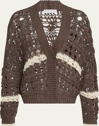 Brunello Cucinelli Stripe Cotton-Jute Open Knit V-Neck Cardigan