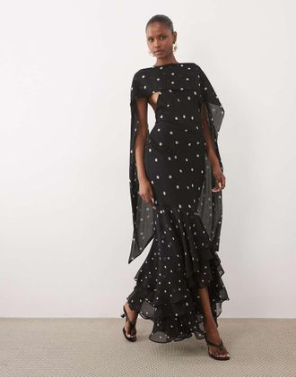 Asos Vestito lungo allacciato al collo con stampa a pois, foulard e fondo con volant-Multi