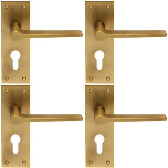 Loops 4x PAIR Flat Straight Lever on Slim Euro Lock Backplate 150 x 50mm Antique Brass in Metallics