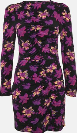 Maje Black Floral Ruched Long Sleeve Mini Dress