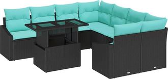 vidaXL Conjunto De Sof&aacute; De Jard&iacute;n 9 Uds. Negro Y Azul Rat&aacute;n Sint&eacute;tico Vidaxl
