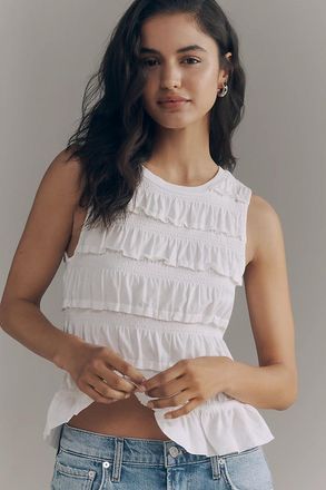 Maeve Cotton Shirred Ruffle Tank Top