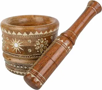 Wanderlust Deco Mortero de madera pintado artesanal marr&oacute;n 14x14x24h cm