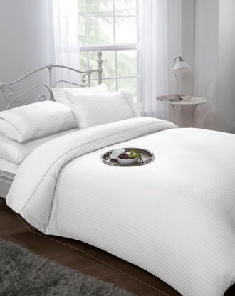 TJ Hughes Ritz 300 Thread Count Satin Stripe Duvet Set In White - TJ Hughes