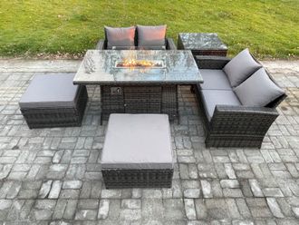 Fimous 6 Seater Rattan Garden Furniture Set Outdoor Lounge Sofa Chair Gas Fire Pit Dining Table Set With 2 Big Footstool Double Seat Sofa Side Table