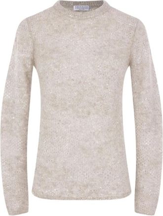 Brunello Cucinelli Round-neck Truien - Dames - Ronde hals truien - Beige - M - Pailletten - Truien & Vesten