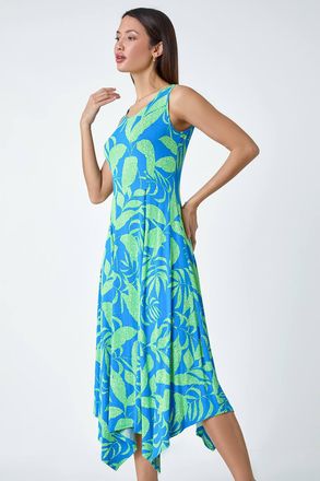 Roman Tropical Print Pleated Maxi Asymmetric Dress