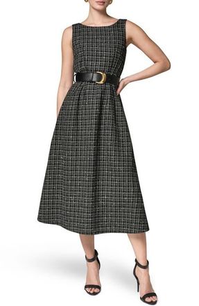 DKNY Check Tweed Belted Midi Dress in Black Cream at Nordstrom, Size 10