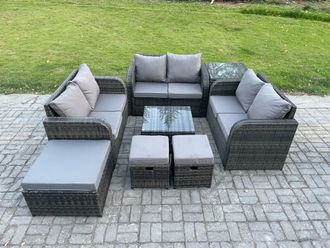 Fimous 9 Seater Outdoor Garden Furniture Sets Wicker Rattan Furniture Sofa Sets with Square Coffee Table Love seat Sofa 3 Footstools Side Table