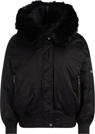 Michael Kors Jassen, Dames, Zwart, S, Polyester, Faux Fur-Trimmed Satin Cir&eacute; Hooded Bomber Jacket