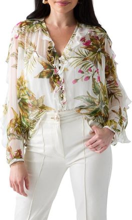 Marciano Hassana Ruffle Floral Print Top in White Multi at Nordstrom, Size 42