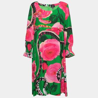 Roberto Cavalli Green Floral Printed Textured Long Sleeve Dress