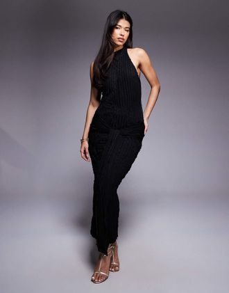 Asos Vestito midi senza maniche nero testurizzato con drappeggio