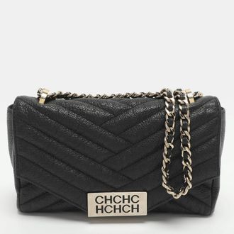 Carolina Herrera Bimba Black Chevron Leather Flap Shoulder Bag
