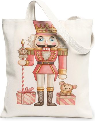 Generic Nutcracker Holiday Canvas Tote Bags, Vintage Christmas Design Reusable Grocery Bags, Lightweight Washable Shoulder Strap Fo, White, 13x15 Inch