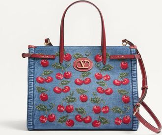 Valentino Garavani Valentino Garavani Antibes Medium Shopping Bag In Denim With Cherryfic Embroidery Wo