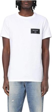 Balmain T-Shirts, male, White, Size: XL Label Patch T-Shirt