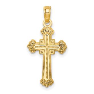 Diamond2Deal 14k Yellow Gold Textured Leaves On Edges Cross Charm Pendant