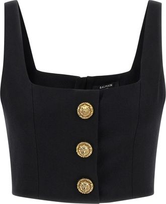 Balmain Sleeveless Tops, female, Black, XS, Cropped Wool Top