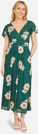 Yumi Mesh Flower With Pockets Wrap Midi Dress in Green at Nordstrom, Size 10