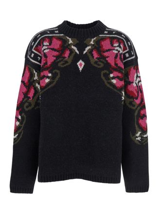 The Seafarer Black Crew Neck Sweater With Floral Motif In Wool Woman