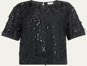 Brunello Cucinelli Animalier Sequined Fringe Silk Short-Sleeve Top