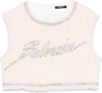 Balmain Embellished Logo Tweed Crop Top, Brand Size 34 ( US Size 2 )