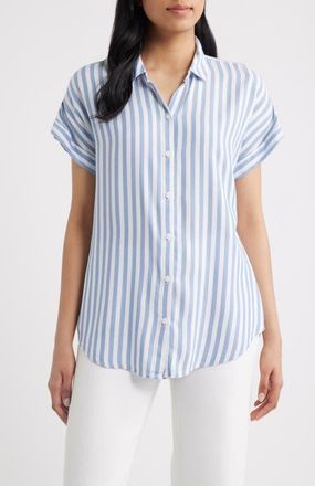 Beach Lunch Lounge Kenzie Stripe Short Sleeve Button-Up Shirt in Slate Blue at Nordstrom, Size X-Small