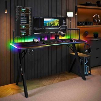 X Rocker Lumio LED Gaming Desk, Mousepad, Cupholder & Headphone Hook in Black | Size: Large
