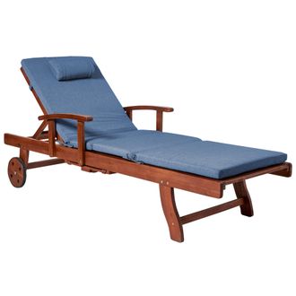 Beliani Tumbona Reclinable De Madera De Acacia Para Jard&iacute;n Con Coj&iacute;n De Asiento De Tela Resistente Al Agua Y A Los Rayos Uv Marr&oacute;n Oscuro Y Azul Toscana Premi