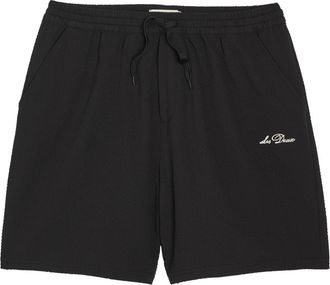 Les Deux Logo-embroidered Seersucker Swim Shorts - Black - L