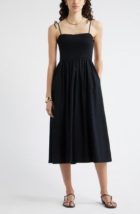 Nordstrom Smocked Stretch Cotton Midi Sundress in Black at Nordstrom, Size Xx-Small