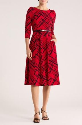 Calvin Klein Plaid Belted A-Line Midi Dress in Red/Black at Nordstrom Rack, Size 2