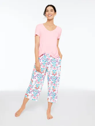 Talbots x Soma Cool Nights Short Sleeve & Crop Pants Pajama Set - Ditsy Vines - Orchid Pink - XL