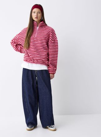 Twik Womens Striped zip-up high-pile fleece sweater