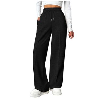 Generic Fleece Straight Leg Tracksuit Bottoms Drawstring Joggers Pants Ladies Jogging Trouser Sweatpants Casual Wide Leg Trousers Elasticated Waist Loose Jogg