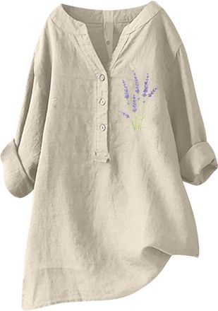 Generic Womens Cotton Linen Tops Oversized Printed Long Sleeve T Shirts Plus Size V Neck Button Down Blouse Tops Basic Casual Solid Color Loose Fit Going Prim