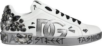 Dolce & Gabbana Witte Zilveren Kristallen Logo Portofino Sneakers Schoenen