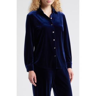 Anne Klein Long Sleeve Velvet Button-Up Shirt in Admiral Blue at Nordstrom, Size X-Small P