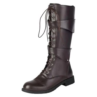 Generic Mens Retro Riding Boots Round Toe Med Heel With Zipper And Lace Up Rivets Metal Decoration Casual Knight Boots