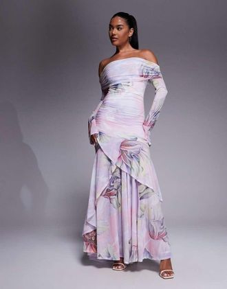 Asos Vestito lungo a maniche lunghe in chiffon elasticizzato con stampa a fiori, scollo alla Bardot e volant sullorlo-Multicolore